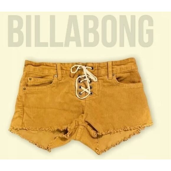 Billabong Corduroy Cutoff Shorts Sz 28 Lite Hearted Lace Up Pockets Stretch Gold - Picture 1 of 10